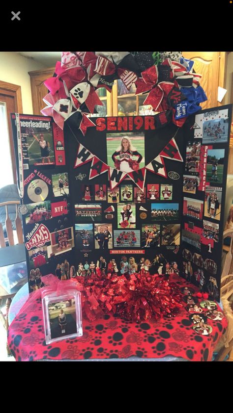 Senior Boards For Cheerleading, Poster Board Lights, Cheerleader Board Ideas, Decorated Poster Board Ideas, Sports Table Grad Party, Senior Picture Boards Photo Displays Sports, Sports Senior Night Table Ideas, Softball Senior Board, Sports Senior Board Ideas