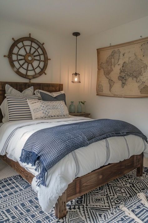 29 Boho Coastal Bedroom Ideas for a Breezy, Beachy Haven 8 Nautical Guest Room, Sailing Bedroom, Nautical Bedroom Master, Lake Bedroom Ideas, Bedroom Ideas Coastal, Lake House Bedroom Ideas, Boho Coastal Bedroom, Styling Bedroom, Lakehouse Bedroom