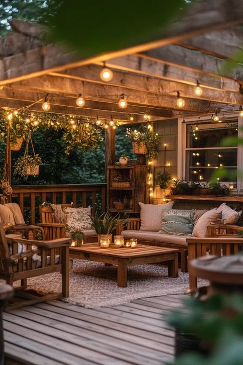 "Elevate your backyard with the charm of a Rustic Outdoor Patio! 🌿🏡 Perfect for creating a relaxing and stylish space to entertain or unwind. 🌟✨ #PatioDesign #RusticLiving #OutdoorInspiration" Rustic Back Porch, Back Porch Design, Rustic Outdoor Patio, Comfy Cottage, Back Porch Designs, Cabin Deck, Deck Decor, Rustic Patio, Cozy Backyard