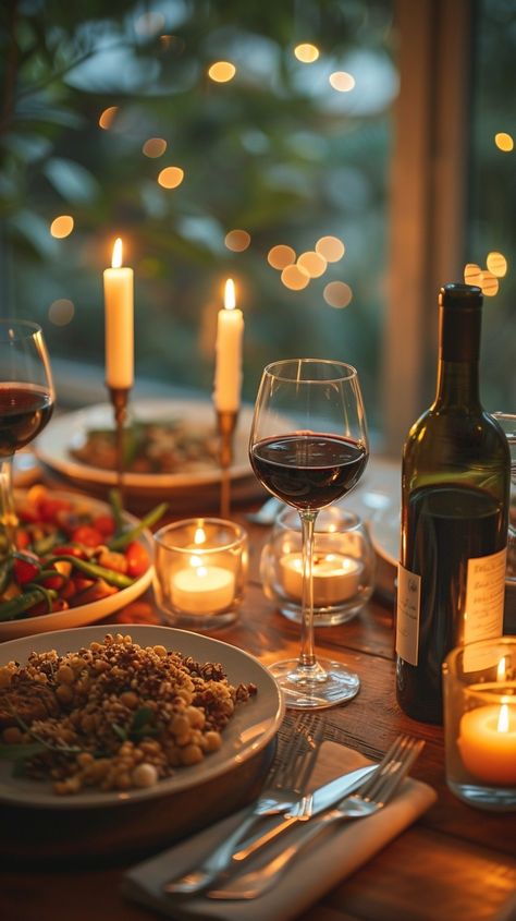 Candlelit Dinner Setting: An intimate dinner scene featuring glowing candles, wine, and a nutritious meal in a cozy ambiance. #dinner #candles #wine #romance #evening #table #food #glass #aiart #aiphoto #stockcake https://ayr.app/l/6d6m Candle Light Dinner Ideas, Candlelight Dinner Table, Candle Night Dinner, Romantic Dinner Tables, Romantic Dinner Setting, Candle Dinner Table, Dinner Date Aesthetic, Candles Wine, Romantic Table Setting