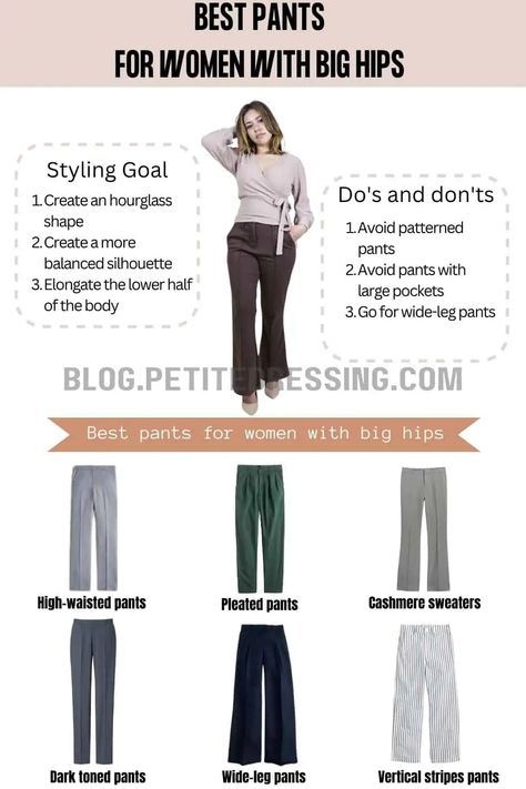 The Complete Pants Guide for Women With Big Hips Pants For Mid Size Women, Types Of Formal Pants Women, Fashion Outfits Big Size, Pants For Heavy Thighs, Work Pants For Curvy Women, Jeans For Wide Hips And Thighs, Pants For Big Hips And Thighs, Best Jeans For Wide Hips, Pants For Curvy Hips