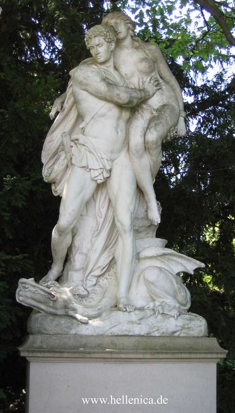 Perseus and Andromeda, Palmengarten, Frankfurt, Germany. Photo taken by Michael Lahanas. This statue is very interesting because Perseus is embracing Andromeda and stepping over the sea beast. This is the victory statue. It looks very old so I admire it a lot. Andromeda And Perseus, Andromeda Mythology, Victory Statue, The Sea Beast, 19th Century Sculpture, Sea Beast, Clash Of The Titans, European Sculpture, Greek Design