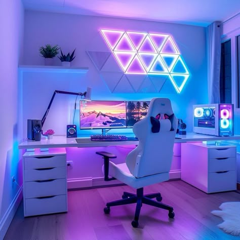 Simple Gaming Setup, Pc Setup Gaming, Rgb Room, White Gaming Setup, Cool Gaming Rooms, Gaming Setup Bedroom, Small Room Setup, Rooms Inspiration, Games Room Inspiration