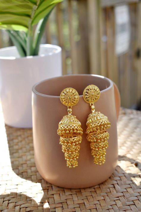 "Large Statement South Indian Style Jhumka Earrings 16kt Gold over brass 3\" L x 0.8\" W Post and backing" Chandi Jhumka Design, South Indian Jhumkas Gold, Gold Earrings Jhumka Designs, Bridal Gold Earrings Indian Design, Jhumka Gold Design, Earing Designs Gold For Wedding, Gold Earrings Designs Jhumka, Earings Design Gold Indian Jhumka, Golden Jhumkas Indian Designers