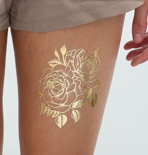 rose tattoo on thigh Roses And Vines Tattoo, Gold Tattoo Ink, Alexa Losey, Rose Gold Tattoo, Vines Tattoo, Rose Vine Tattoos, Gold Temporary Tattoo, Gold Henna, Rose Tattoos For Women