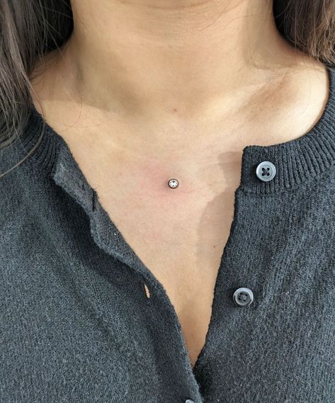 Totally in love with this chest dermal piercing! 😍  🪡 by @shinysharpthings   Soho, Union Square, and Williamsburg  11AM-9PM 7 DAYS A/W🕘 WALK-INZ OR BOOK ONLINE..📕 TATTOOS & PIERCINGS, NO ATTITUDE, NO MISERABLE HOOPS TO JUMP THROUGH....🚫  WALK-INZ WELCOME OR BOOK ONLINE AT  ⚔️livebytheswordtattoo.com⚔️ . . . . #livebytheswordtattoo #dermal #dermalpiercing #chestdermalpiercing #piercer #unionsquare #manhattan Chest Dermal Piercing Center, Body Mods Piercing, Neck Dermal Piercing, Collarbone Piercing, Chest Dermal Piercing, Dermal Piercing Chest, Chest Dermal, Back Dermal Piercing, Chest Piercing