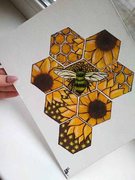 🐝🌻🍯 Honeycomb Painting Ideas, Honey Come Drawing, Honey Comb Drawing Realistic, Honey Bee Art Painting, Beehive Drawing Honeycombs, Honey Comb Painting Easy, Honey Bee Drawing Honeycombs, Sunflower Honeycomb Tattoo, Hunny Comb Drawing