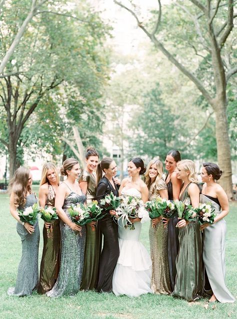 Every Bridal Party Question You've Ever Had, Answered Mismatched Green Bridesmaid Dresses, Olive Green Bridesmaid Dresses, Mix Match Bridesmaids, Olive Green Weddings, Candlelit Wedding, How Many Bridesmaids, Green Wedding Dresses, Mismatched Bridesmaid Dresses, Green Bridesmaid