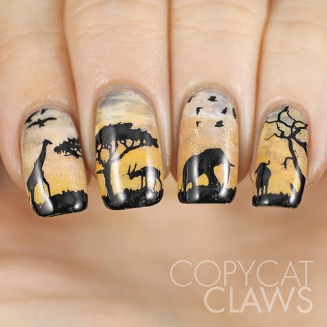 Beautiful safari theme. Clicking it shows how they did the background. The silhouettes are from a stamp. Safari Nails, Nagel Stamping, Yellow Nail Art, Yellow Nail, Animal Nail Art, Claw Nails, Animal Nails, Her Nails, Animal Print Nails