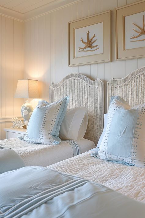 Coastal Kids Bedroom, Coastal Kids Room, Blue Coastal Bedroom, Coastal Rooms, Coastal Decorating Ideas, Coastal Guest Bedroom, Twin Beds Guest Room, Coastal Cottage Bedroom, Beach Condo Decor