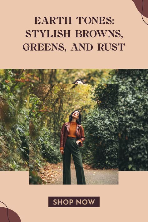 A beautiful fashion layout featuring earth tones like rich browns, greens, and rusts, showcasing how to style these colors in modern outfits. Explore earthy fashion trends using this curated image. Navy Olive Rust Color Palette, Rust Color Palette, Color In Fashion, Green Faux Leather Jacket, Green Espadrilles, Boutique Trends, Brown Leather Heels, Seasons Change, Nude Pumps