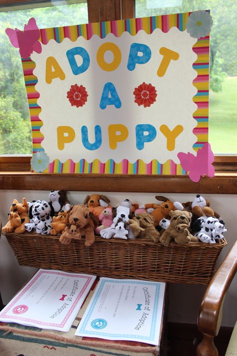 Adopt a puppy sign for a kids party with print out adoption certificates Beanie Boo Birthday Party, Puppy Adoption Birthday Party, Boo Birthday Party, Beanie Boo Birthdays, Pet Adoption Party, Adopt A Puppy, Dog Themed Birthday Party, Puppy Birthday Parties, Anniversaire Diy