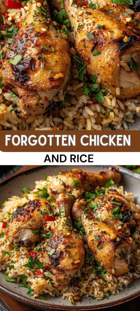 Forgotten Chicken and Rice Chicken Rice Mushroom Casserole, Chicken Mushroom Rice, Mushroom Rice Recipes, Forgotten Chicken, Creamy Mushroom Chicken, Creamy Chicken And Rice, Lunch Appetizers, Favorite Recipes Dinner, Cooked Rice