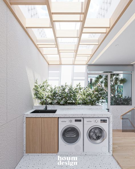 VT HOUSE on Behance Skylight In Laundry Room, Skylight Laundry Room, Rooftop Laundry Area, Laundry Rooftop, Japanese Laundry Room, Japanese Apartment Design, Japanese Rooftop, Japanese Apartment, Laundry Space