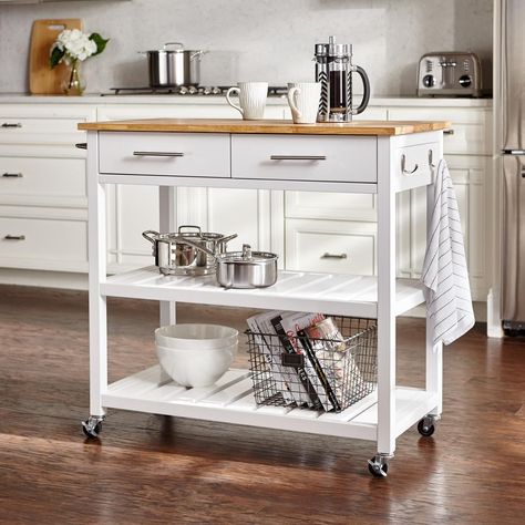 White Kitchen Cart, Rolling Kitchen Cart, Butcher Block Top, Island Cart, White Kitchen Island, Kitchen Island Cart, Small Kitchen Decor, Classic Kitchen, Wood Sofa