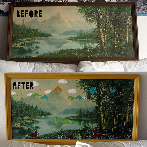 I love this idea - paint cute little kid-friendly animals in bright colors. I'd paint the frame a bright shiny color too. Painting On Old Paintings, Updating Thrift Store Art, Painting Over Old Paintings, Thrift Store Painting, Thrifted Art, Store Painting, Friendly Animals, Thrift Store Art, Idea Paint