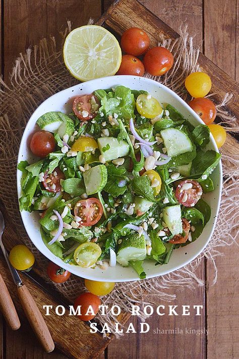 Fresh Tomato Rocket Salad with a flavorful vinaigrette makes an amazing lunch or dinner. Toasted peanuts added gives a perfect crunch to the salad. Yeast Free Recipes, Salad Arugula, Cherry Tomato Salad, Rocket Salad, Mind Diet, Tomato Salad Recipes, Best Salad Recipes, Cherry Tomato, Tomato Salad