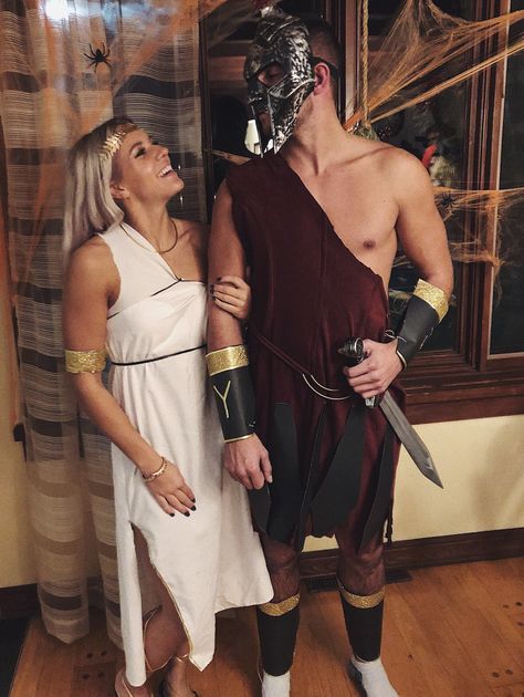 Roman Warrior Costume, Roman Couple Costume, Aphrodite And Ares Costume, Greek Halloween Costumes Couples, Gladiator Couple Costume, Gladiator Costume Women, Greece Halloween Costumes, Ares Costume, Greek Warrior Costume