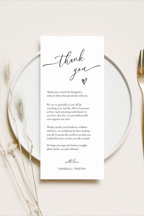 This simple wedding menu template has a minimalist design, perfect for any boho or minimalist wedding! Use this template to edit the fonts, font colour, and background colour to match your event needs.
🤍 DEMO LINK 
https://templett.com/design/demo/Lucy96/16191650,16191668
🤍 INSTANT DOWNLOAD
- Access your template after your purchase.
- Edit in your browser using TEMPLETT
- No need to download any software
🤍 WHAT'S INCLUDED:
- Wedding Menu - 4x8", 4x9" Wedding Invitation Cards Online, Simple Wedding Menu, Free Wedding Cards, Menu Card Template, Thank You Template, Thank You Printable, Wedding Menu Template, Place Card Template, Wedding Greeting Cards