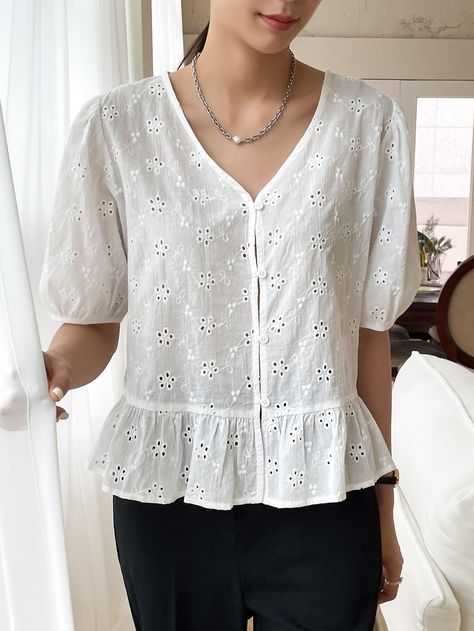 White Casual  Short Sleeve Cotton Plain Peplum Embellished Non-Stretch  Women Tops, Blouses & Tee Chikan Tops Cotton, Short Blouses For Women, White Top Design For Women, Short Top Designs For Women Cotton, Eyelet Blouse Outfit, Cotton Tops Designs Casual, White Cotton Lace Blouse, Top Designs For Women, Blouse Simple