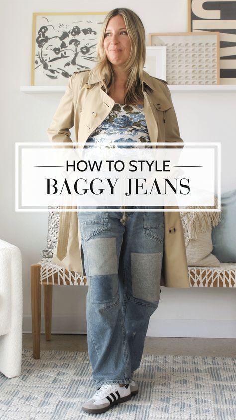 How to style baggy jeans, tips + outfit ideas. How To Style Baggy Jeans With Boots, Oversized Denim Jeans Outfit, What To Wear With Baggy Black Jeans, Body Suit And Baggy Jeans, How To Style 90s Baggy Jeans, How To Style Baggie Jeans, Baggy Jeans Over 40, Baggy Jeans Outfit For Older Women, Boots With Baggy Pants