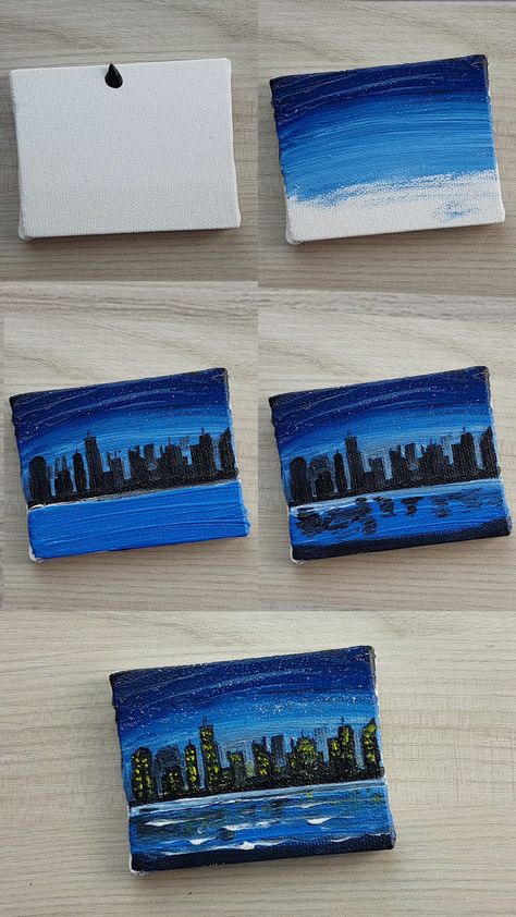 Cityscape Mini Painting, Tiny Canvas Art, Tiny Canvas Painting, Sky Art Painting, Skyline Painting, Arte Van Gogh, Small Canvas Paintings, Handmade Canvas, Diy Watercolor Painting