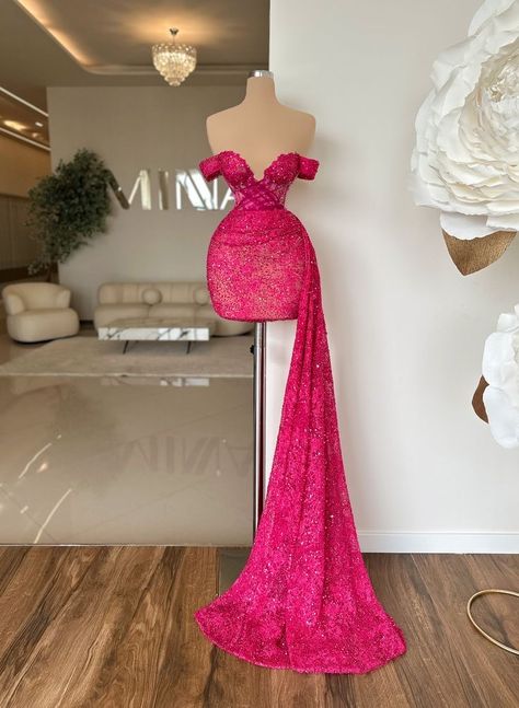 Minna Fashion Pink Dress, Pink After Party Dress, Short Custom Dress, Short Dress With Side Train, Short Dress With Train On The Side, Short Glamour Dress, Teal Birthday Dress, Prom Dresses On Mannequins, Pink Short Dress Party