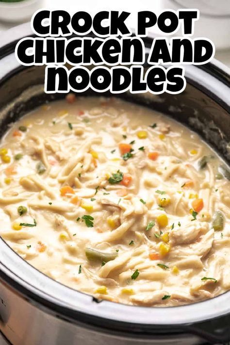 Our Slow Cooker Chicken and Noodles recipe is the ultimate comfort food, combining tender egg noodles and juicy chicken cooked to perfection in a creamy sauce. With simple ingredients and just 10 minutes of preparation, this warm, hearty meal is effortlessly made in your crockpot. Crockpot Dishes | Crockpot Recipes Slow Cooker | Crock Pot Cooking | Chicken Crockpot Recipes | Cooking Recipes | Poultry Recipes | Chicken Noodle Recipes | Slow Cooker Chicken And Noodles, Crock Pot Chicken And Noodles, Chicken And Noodles Recipe, Creamy Chicken And Noodles, Chicken And Egg Noodles, Creamy Crockpot Chicken, Crockpot Chicken And Noodles, Egg Noodle Recipes, Chicken Noodle Soup Crock Pot