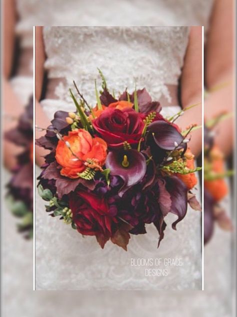 Fall Wedding Bouquet Plum Round Bouquet Callas and Roses - Etsy Plum Wedding Colors, Plum Wedding Flowers, Yellow Flower Arrangements, Fall Wedding Bouquet, Purple Bridal Bouquet, Autumn Bouquet, Orange Bouquets, Round Bouquet, Flowers Autumn