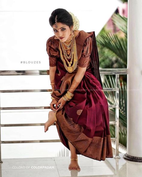 Bridal Jewellery Styling Inspiration For 2021!! • South India Jewels Broket Blouse Design, Kerala Wedding Saree, Blouse Party Wear, Silk Saree Wedding, Kerala Saree Blouse Designs, South Indian Wedding Saree, South Indian Bride Saree, Wedding Wear Saree, Indian Bride Poses