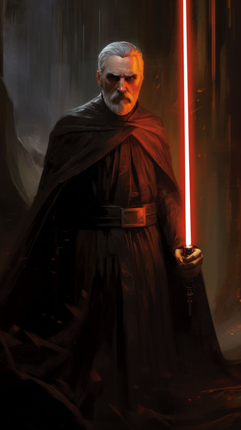 70s dark fantasy art, illustration of the star wars dooku training with his red lightsaber Star Wars Count Dooku Art, Count Dooku Fanart, Count Dooku Wallpaper, Count Dooku Art, Dooku Art, Star Wars Count Dooku, Star Wars Characters Poster, Star Wars Sith Lords, Star Wars Fanfiction