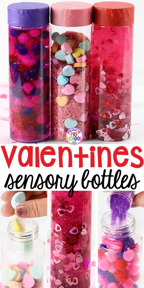 Sensory Bottles Preschool, Valentine Sensory, Pocket Of Preschool, Preschool Sensory, February Crafts, Valentinstag Party, Valentine's Day Crafts For Kids, Preschool Valentines, February Valentines