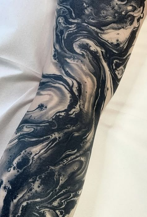 Tattoo Of Water, Male Beach Tattoo, Water Marble Tattoo, Black Water Tattoo, Marble Sleeve Tattoo, Marble Tattoo Sleeve, Water Arm Tattoo, Venom Sleeve Tattoo, Marbling Tattoo