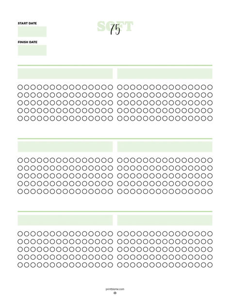 75 Soft Challenge printable tracker with rows of circular checkboxes and sections for start and finish dates. 75 Soft Free Printable, 75 Hard Printable, 75 Day Soft Challenge, 75 Day Challenge, 75 Soft Challenge, Soft Challenge, 75 Hard Challenge, 75 Soft, 75 Hard