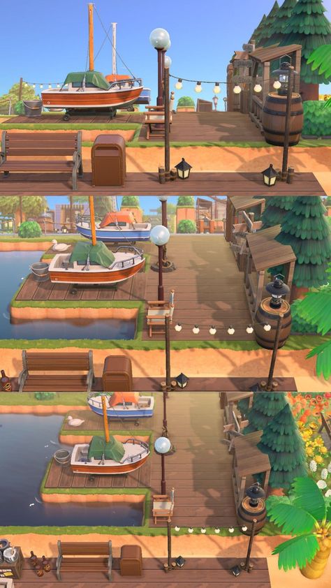 Animal Crossing Townhall Idea, Animal Crossing Things To Build, Boat Area Acnh, Animal Crossing Large Area Ideas, New Animal Crossing Ideas, Acnh Harbour Ideas, Animal Crossing Yacht Ideas, Yatch Ideas Acnh, Acnh Yacht Club