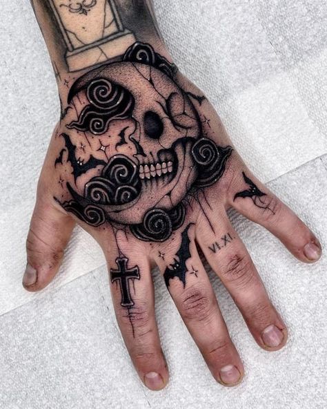 Abstract moon and stars hand tattoo Moon Skull, Full Hand Tattoo, Skull Hand Tattoo, Knuckle Tattoos, Wicked Tattoos, Hand Tats, Hand Tattoos For Guys, Black Ink Tattoos, Hand Tattoo