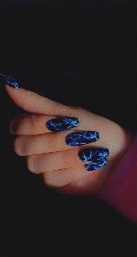 Blue Black Nails Acrylic, Black And Blue Acrylics, Neon Blue And Black Nails, Dark Blue And Black Nails Acrylic, Black Blue White Nails, Royal Blue And Black Nail Designs, Black And Blue Marble Nails, Nail Designs Blue And Black, Black Blue And White Nails