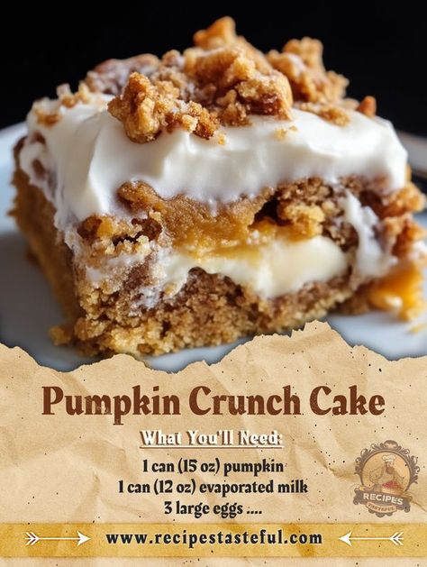 Tasteful Recipes | Pumpkin Crunch Cake | Facebook Pumpkin Crunch Cake Recipe, Pumpkin Crunch Recipe, Crunch Cake Recipe, Evaporated Milk Recipes, Tasteful Recipes, Autumn Desserts, Pumpkin Crunch Cake, Crockpot Hot Chocolate, Pumpkin Crunch