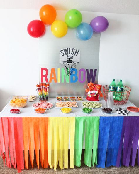 Basketball Party Ideas, Rainbow Themed Birthday Party, Boys Play, Rainbow Party Decorations, Rainbow Unicorn Party, Pig Birthday Party, Rainbow Theme Party, Peppa Pig Birthday Party, Rainbow Parties