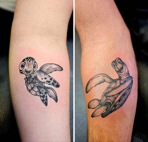 Turtle Tattoo Finding Nemo, Turtle From Nemo Tattoo, Crush From Finding Nemo Tattoos, Father Like Daughter Tattoos, Father Daughter Disney Tattoos, Crush Nemo Tattoo, Matching Tattoos Masculine, Crush Turtle Tattoo, Finding Nemo Turtle Tattoo