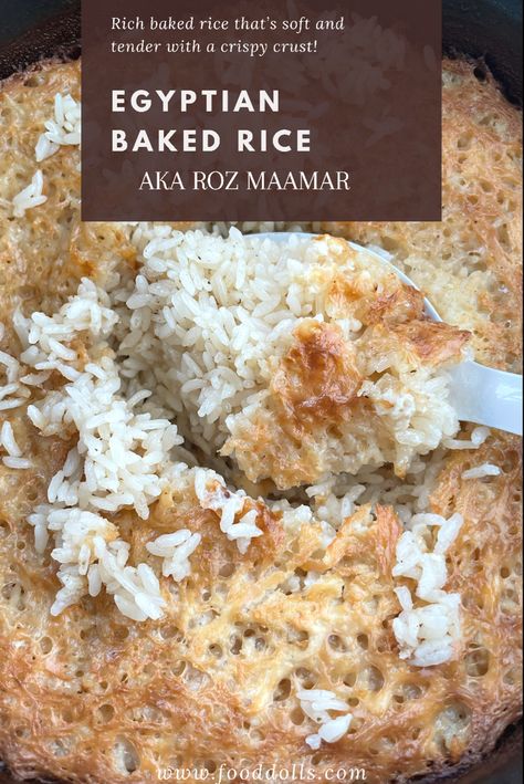 This Egyptian rice is life changing! The best baked rice that is buttery, tender and crispy! Traditionally made a Clay Bram, we used a dutch oven! Baked Rice Recipes Oven, Egyptian Rice, Medieval Cooking, Rice Bake Recipes, Edible Ideas, Aesthetic Cooking, Food Dolls, Savory Rice, Baked Rice