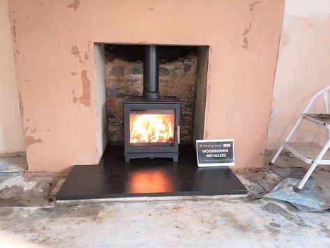 Fireplace renovations - enlargement of the fireplace opening and wood burner installation in Culmstock, Devon. Glowing Stoves specialise in fireplace renovations as well as stove installations. This fireplace project involved widening the opening and raising the height. We also cut and fit a 1200 x 900 slate hearth. All ready for the installation of a Mi-Fires Loughrigg wood burning stove. Concrete Lintels, Wood Stove Installation, Stove Installation, Slate Hearth, Renovation Tips, Multi Fuel Stove, Chimney Breast, Log Burner, Wood Burner