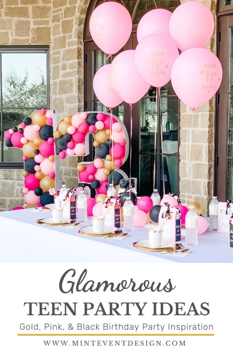 13 Birthday Party Decoration Ideas, Teen Birthday Decoration Ideas, Pink Teen Birthday Party, Pink 13th Birthday Party Ideas, 13 Year Girl Birthday Party Ideas, Pink And Black Birthday Party Decoration, Teen Party Decorations, Birthday Party Table Set Up, 13th Birthday Party Ideas For Girls 13