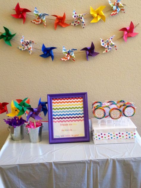 party favors at a rainbow pinwheel party Shared Birthday Parties, Pinwheel Decorations, Pinwheel Party, Pinwheels Party, Paris Birthday, Peppa Pig Party, Baby Boy Birthday, Diy Dollar Store Crafts, Rainbow Theme