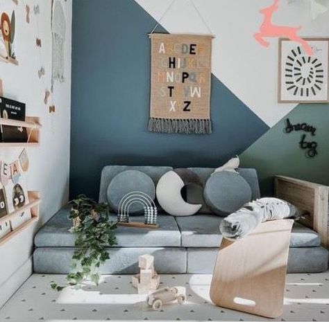 Interior Design For Kids on Instagram: "GNI Inspo: Playroom Vibes ✨ Some playroom inspo sent by our client for their playroom designs that Elysia has been working on over the last few days. Keeping it simple but really fun with geometric wall decor in soft colours making a huge impact in a really tasteful way! Can’t wait to see what Elysia creates 👩🏽‍💻" Blue Wall Playroom, Playroom Statement Wall, Garden Playroom Ideas, Paint Playroom Wall, Playroom Ideas Colors, Gender Neutral Playroom Colors, Dark Grey Playroom, Toy Room Color Scheme, Blue Green Playroom