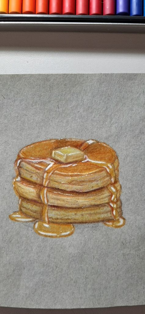 Pancake Drawing Realistic, Drawing Of Pancakes, Colored Pencil Food Drawings, Pancake Painting Acrylic, Pancake Drawing Easy, Cake Drawing Realistic, Pancake Sketch, Cake Sketch Drawings, Drawing Ideas Colored Pencil Easy