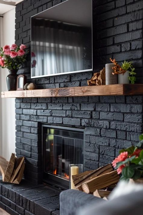 Chic Black Brick Fireplace Ideas for Cozy Homes Fireplace Wash Brick, Black Stone Corner Fireplace, Fireplace Ideas With Dark Floors, Black Stone Fireplace Living Room, Brick Wall Mantle, Matt Black Fireplace, Dark Faux Fireplace, Living Room With Dark Fireplace, Fireplace Remodel Brick