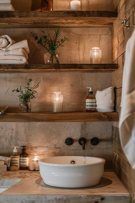 Natural Element Bathroom, Rustic Minimalist Bathroom, Boutique Hotel Decor Ideas, Spanish Inspired Bathroom Ideas, Ideas For Bathroom Storage, Cozy Half Bathroom Ideas, Bathroom Ideas Western, Small French Bathroom, Cemcrete Bathroom