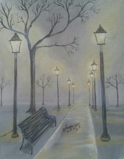 Street Drawing Sketches Cities, Foggy Drawing, Street Light Sketch, Streetlight Drawing, City Lights Drawing, Drawing Ideas City, Lamp Post Painting, Street Lamp Drawing, Street Light Drawing