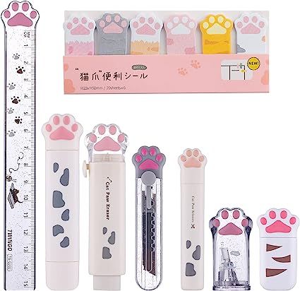 Amazon.com : 8 Pcs Cute Cat Paw Stationery Set Kawaii School Supplies Including Pencil Sharpener Retractable Eraser Correction Tape Sticky Notes Ruler Mini Scissors Utility Knife for Cat Lovers Students (White) : Office Products Cat School Supplies, Kawaii School Supplies Stationery, Mini Scissors, School Guide, Scissors Design, Kawaii School, Cute Stationary School Supplies, Kawaii School Supplies, Kawaii Pens